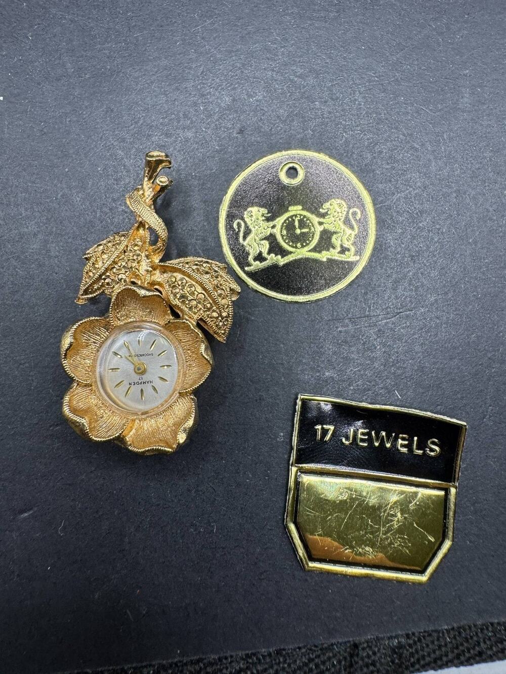 Vintage Hampden 17 Jewels Gold Tone Flower Lapel Watch Pendant Pin Brooch